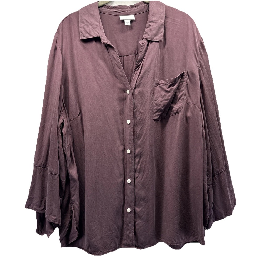 J Jill Women's Top Blouse Sz 2X Solid Mauve Pleated Long Ruffle Sleeve Button Up